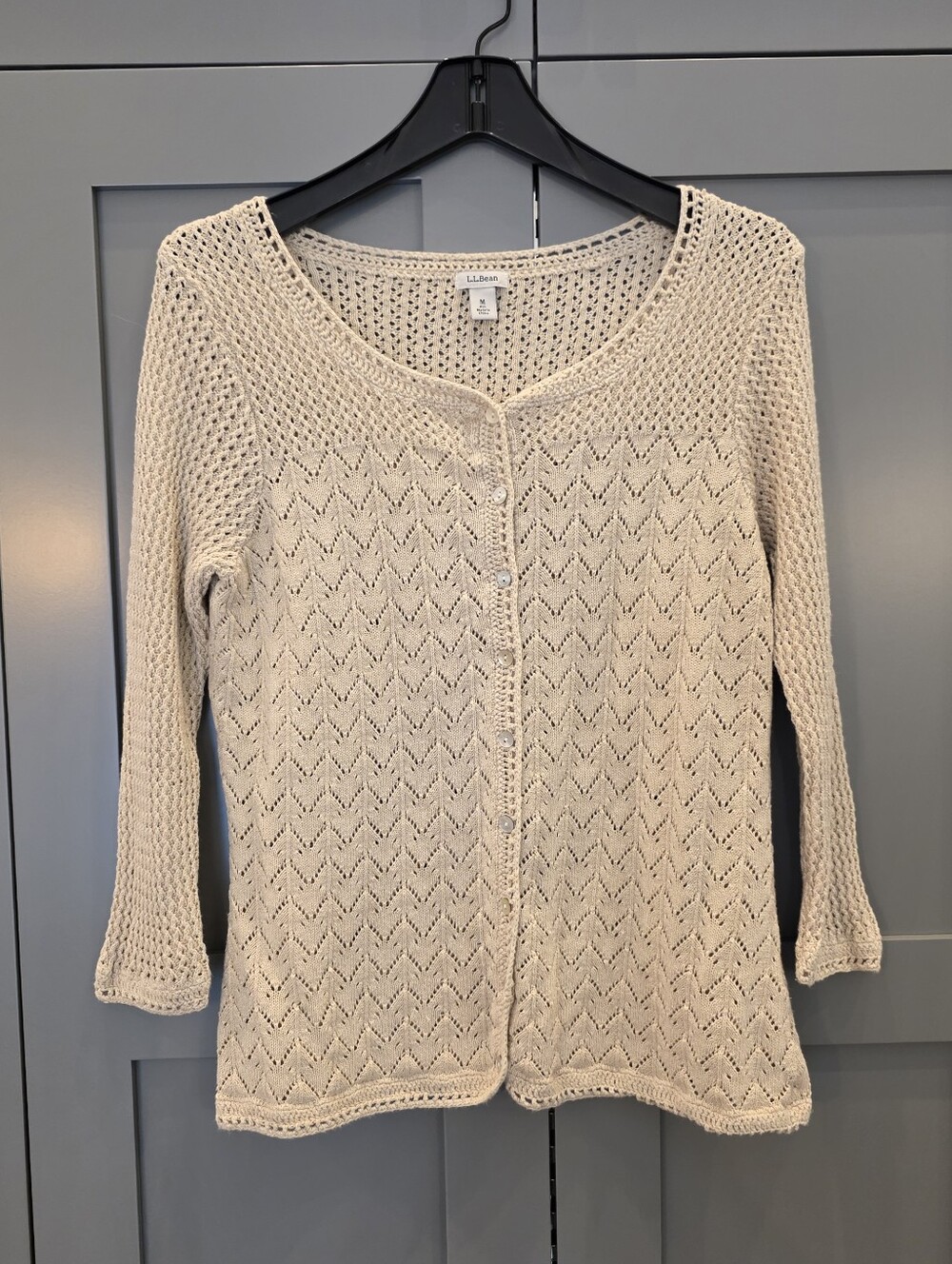 L.L.Bean Crochet Linen Cotton Blend Cardigan Beige Sz M Grandma Chic Cottagecore